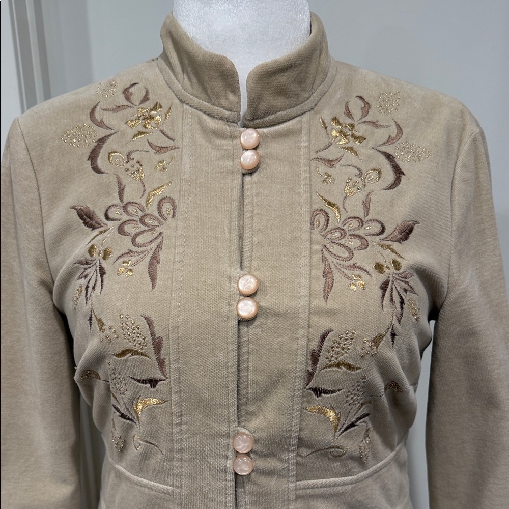 Anthropologie Elevenses Embroidered Coat 8 Tan Velvet Corduroy Vintage Romantic - Picture 7 of 17